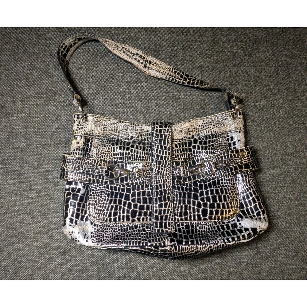 Vintage Charlie Lapson Crocodile Faux Black & Silver Designer Purse Shoulder Bag